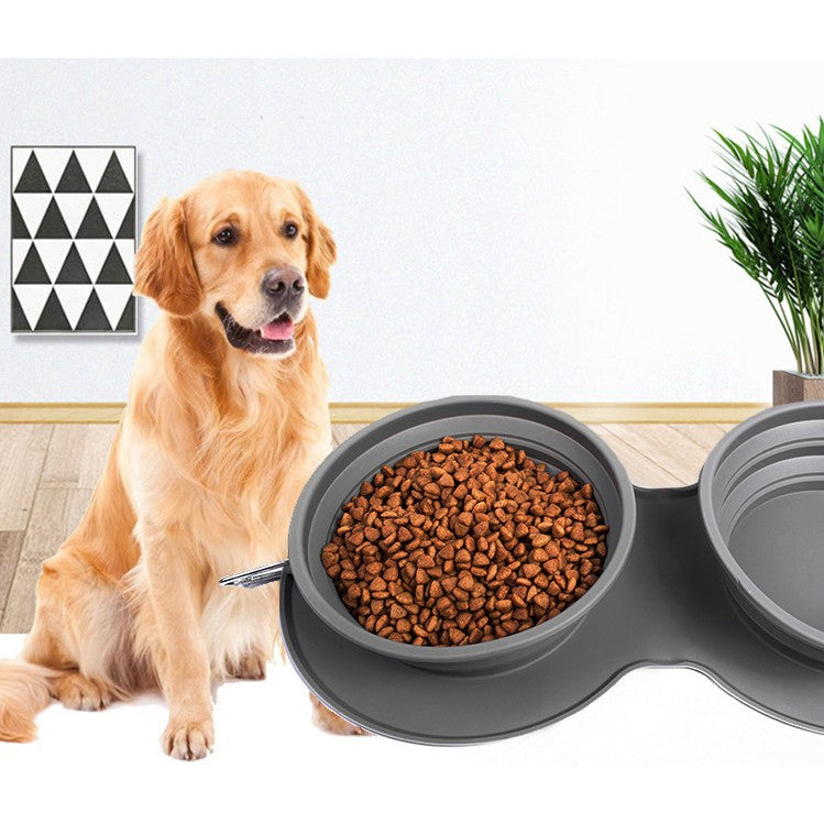 Bol Dublu pentru Animale de Companie, Pliabil si Portabil, Inaltime Reglabila pe 3 Niveluri, Baza Antiderapanta, Silicon Alimentar, 42 x 21 x 5 cm, Gri