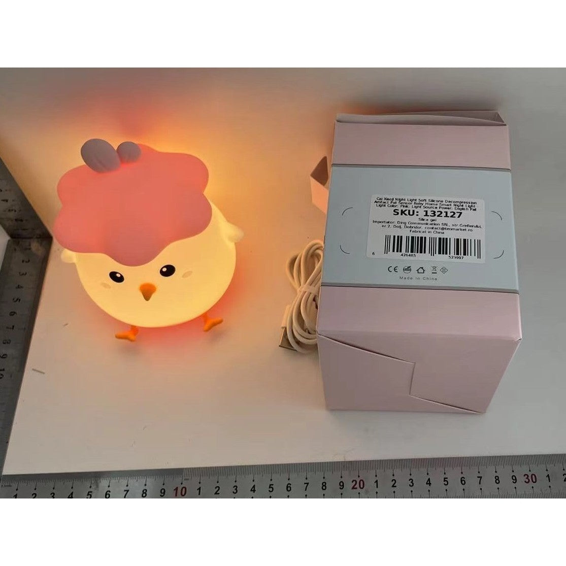 Lampa de Veghe pentru Copii, Senzor Tactil, Model Pui, Silicon Moale, Lumina Calda Reglabila, Protectie Ochi, Timer, Baterie 800 mAh, Incarcare USB, 11 x 10 x 12.4 cm, Roz