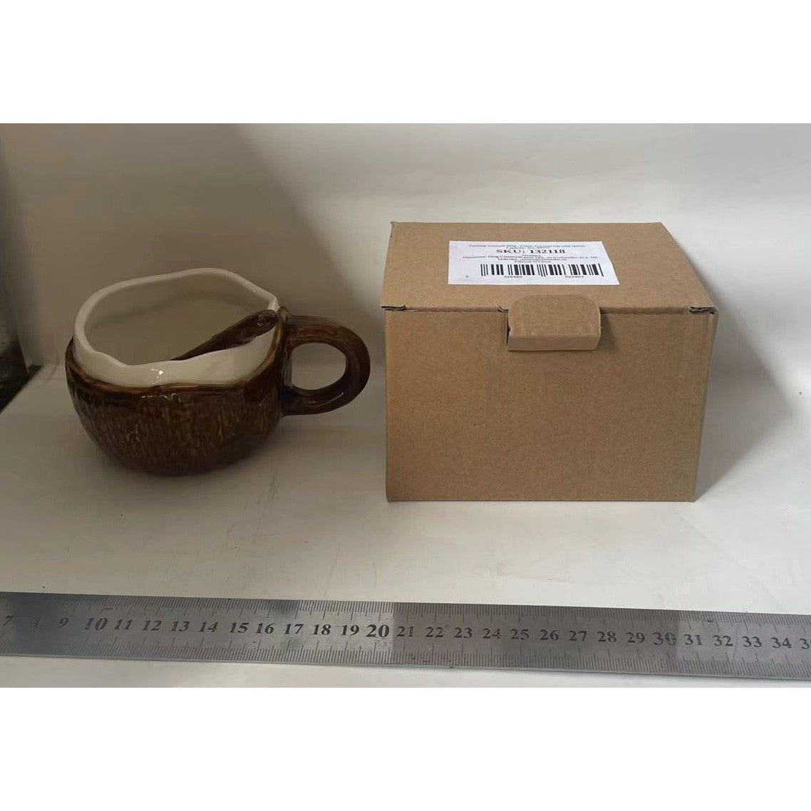 Cană din Ceramică cu Linguriță, Model Nucă de Cocos, Design Rustic, 201-300 ml, Maro