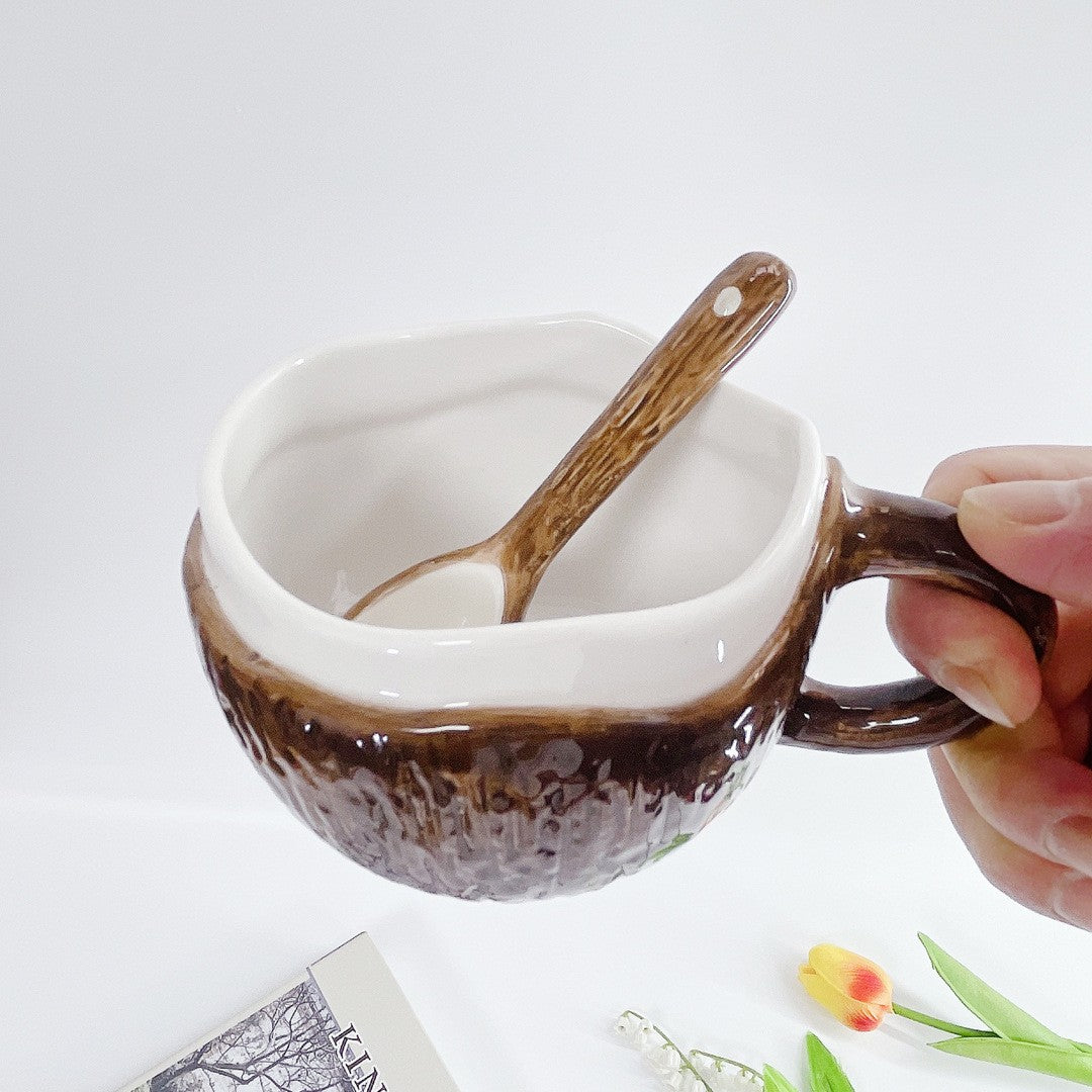 Cană din Ceramică cu Linguriță, Model Nucă de Cocos, Design Rustic, 201-300 ml, Maro