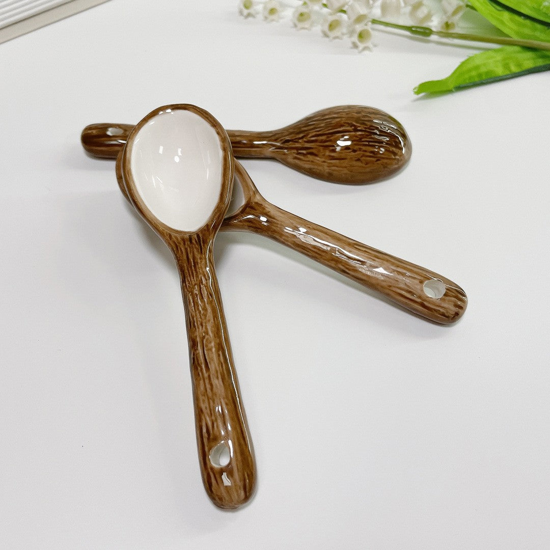 Cană din Ceramică cu Linguriță, Model Nucă de Cocos, Design Rustic, 201-300 ml, Maro