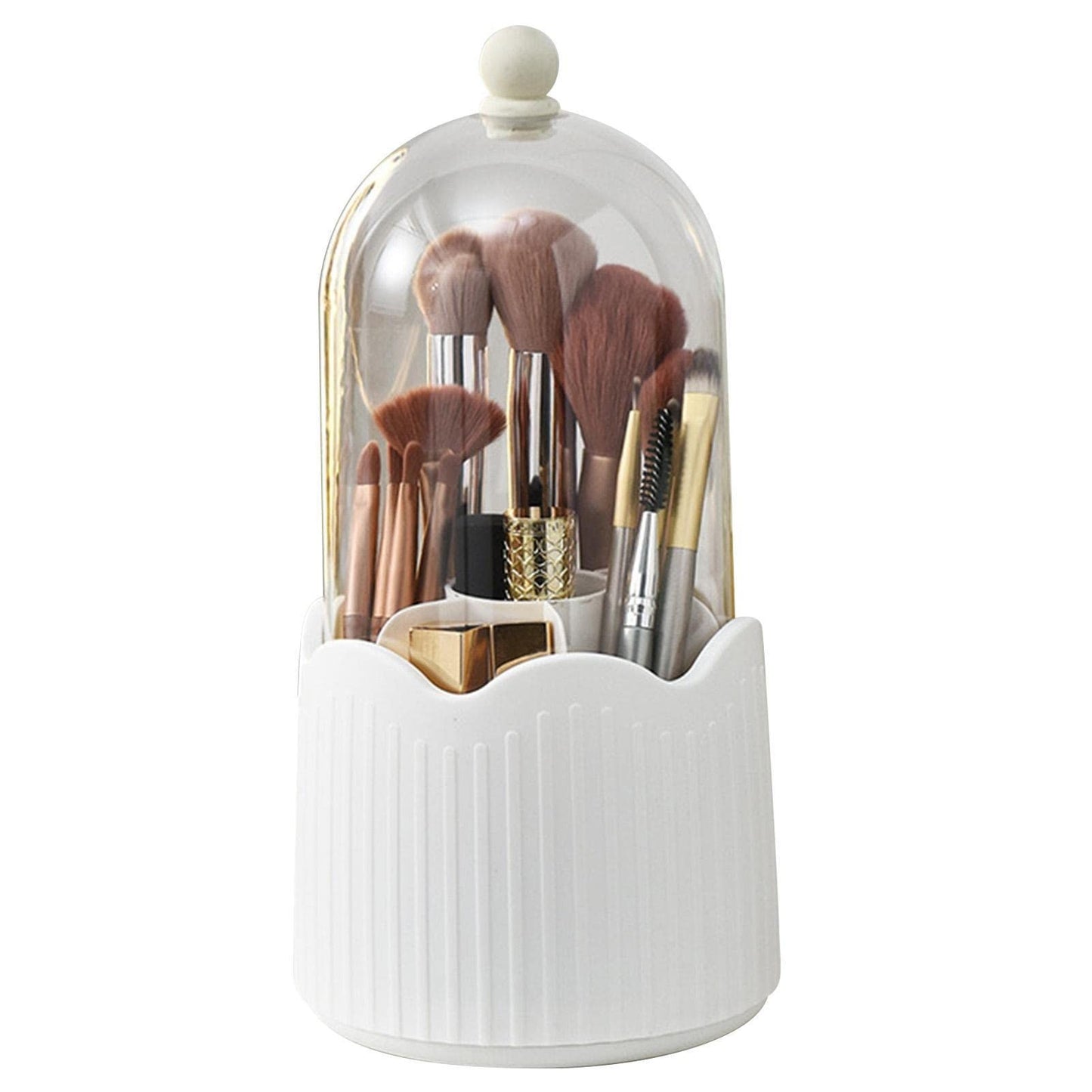 Organizator Rotativ pentru Pensule de Machiaj, Suport cu Capac Protectie 360 Grade, Recipient Depozitare Cosmetice si Rujuri, Plastic ABS, 36 x 13 cm, Alb