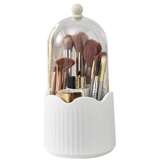 Organizator Rotativ pentru Pensule de Machiaj, Suport cu Capac Protectie 360 Grade, Recipient Depozitare Cosmetice si Rujuri, Plastic ABS, 36 x 13 cm, Alb