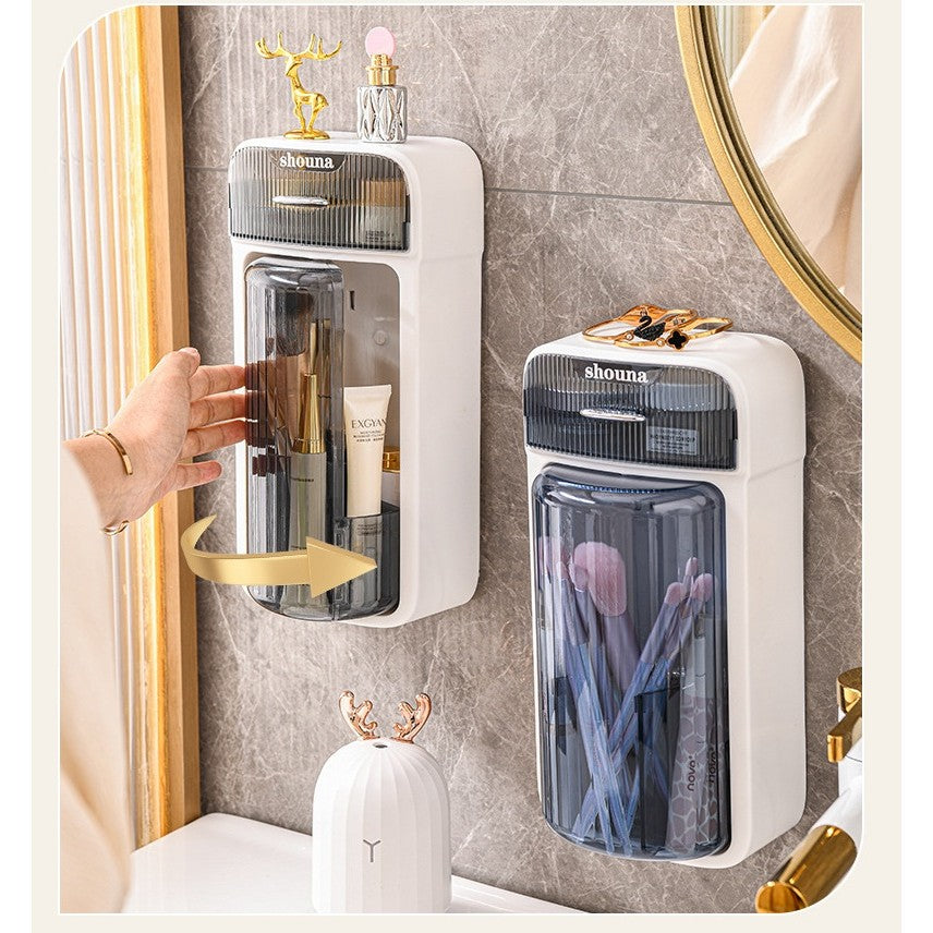 Organizator Cosmetice si Baie Rotativ 360 Grade, Suport Machiaj cu 4 Compartimente si 1 Sertar, Plastic PP si PET, 27.5 x 16 x 11 cm, Albastru