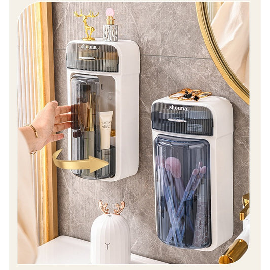 Organizator Cosmetice si Baie Rotativ 360 Grade, Suport Machiaj cu 4 Compartimente si 1 Sertar, Plastic PP si PET, 27.5 x 16 x 11 cm, Albastru