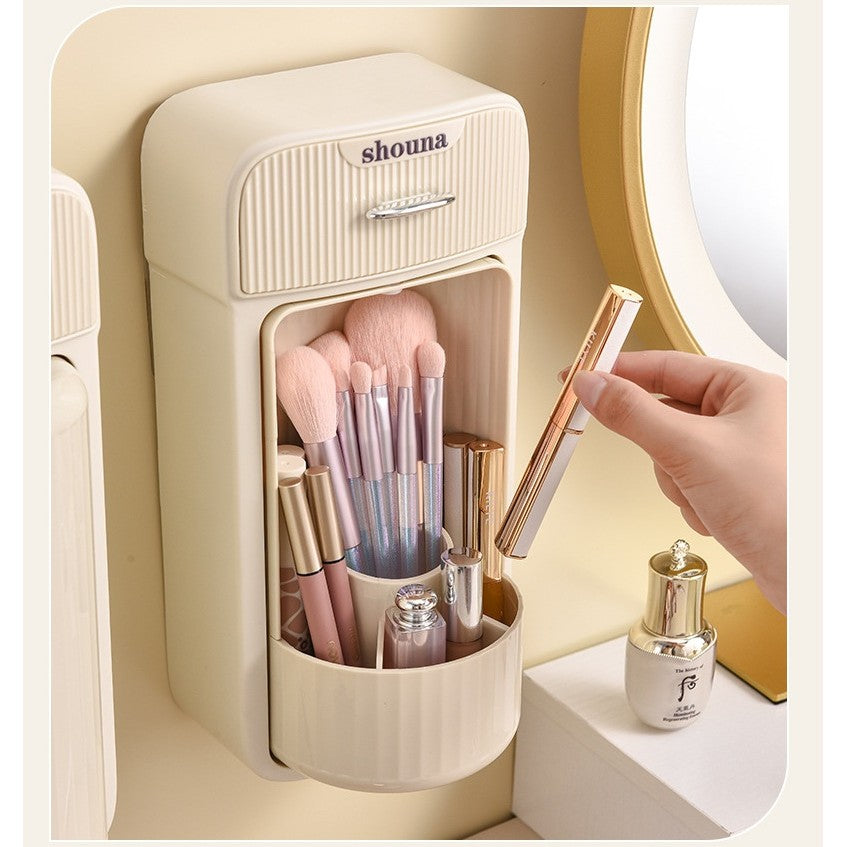 Organizator Cosmetice Si Baie Rotativ 360 Grade, Suport Machiaj Cu 4 Compartimente Si 1 Sertar, Plastic PP Si PET, 27.5 x 16 x 11 cm, Crem