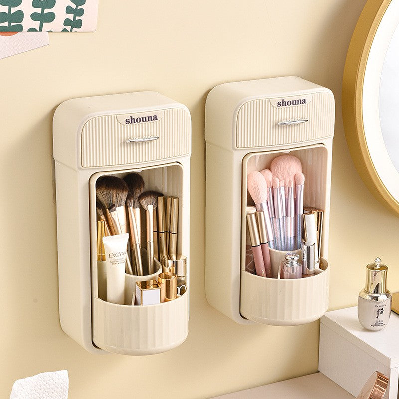 Organizator Cosmetice Si Baie Rotativ 360 Grade, Suport Machiaj Cu 4 Compartimente Si 1 Sertar, Plastic PP Si PET, 27.5 x 16 x 11 cm, Crem