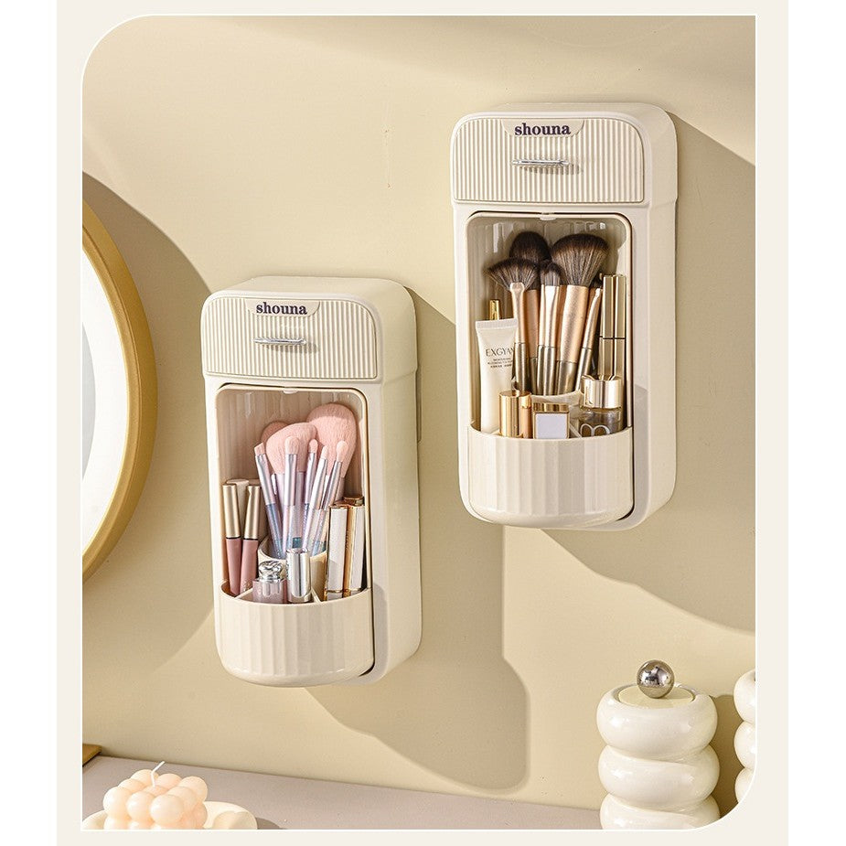 Organizator Cosmetice Si Baie Rotativ 360 Grade, Suport Machiaj Cu 4 Compartimente Si 1 Sertar, Plastic PP Si PET, 27.5 x 16 x 11 cm, Crem