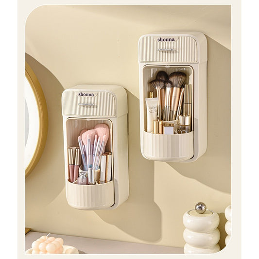 Organizator Cosmetice Si Baie Rotativ 360 Grade, Suport Machiaj Cu 4 Compartimente Si 1 Sertar, Plastic PP Si PET, 27.5 x 16 x 11 cm, Crem
