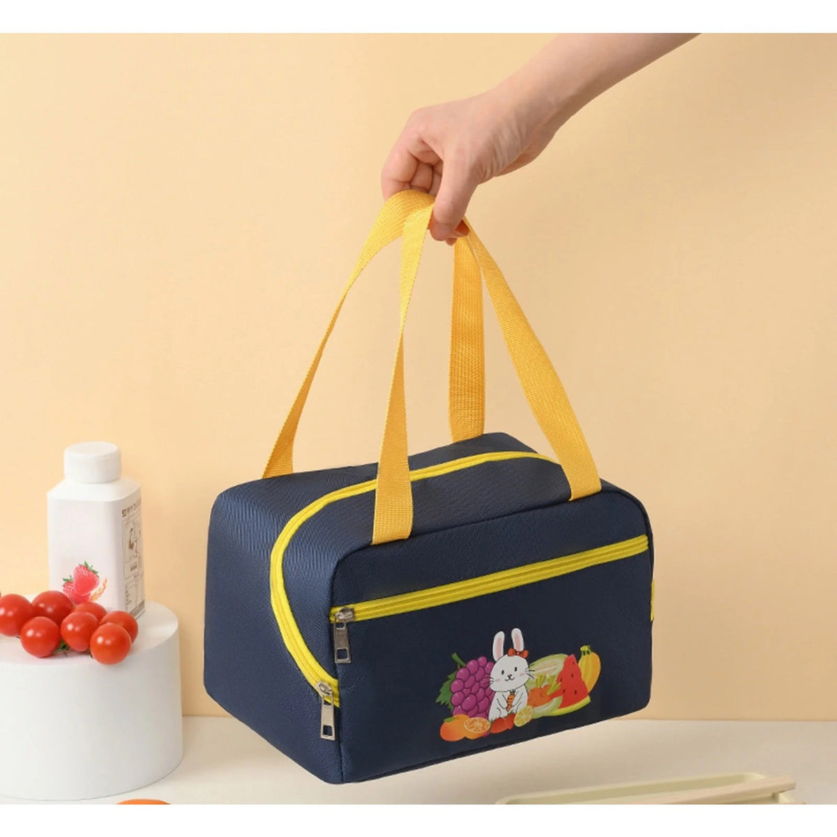 Geanta Termoizolanta pentru Pranz, Compartimente Telefon si Tacamuri, Impermeabila, Panza Oxford, Design Iepuras, 30x21x20 cm, Albastru