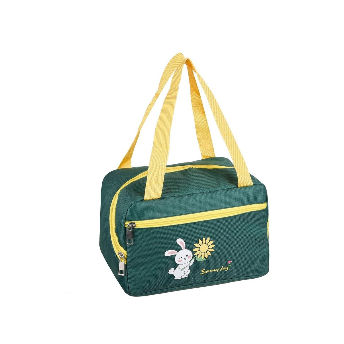 Geanta Termoizolanta Pentru Pranz, Compartiment Telefon Si Tacamuri, Impermeabila, Panza Oxford, 6.4 Litri, Design Iepuras, 30x21x20 cm, Verde