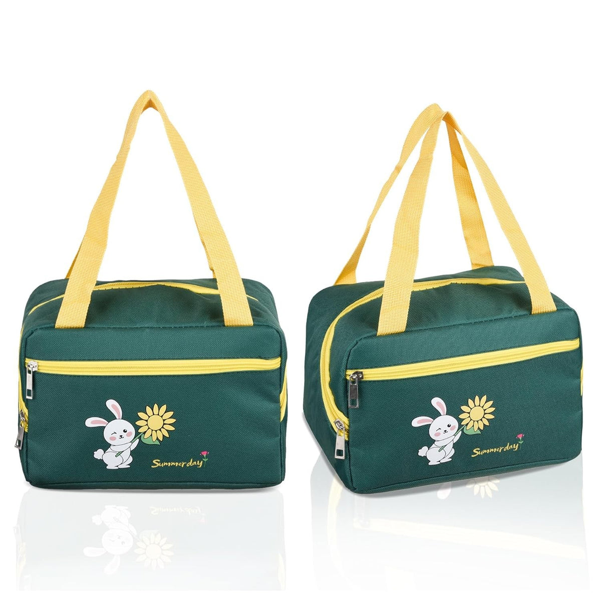 Geanta Termoizolanta Pentru Pranz, Compartiment Telefon Si Tacamuri, Impermeabila, Panza Oxford, 6.4 Litri, Design Iepuras, 30x21x20 cm, Verde