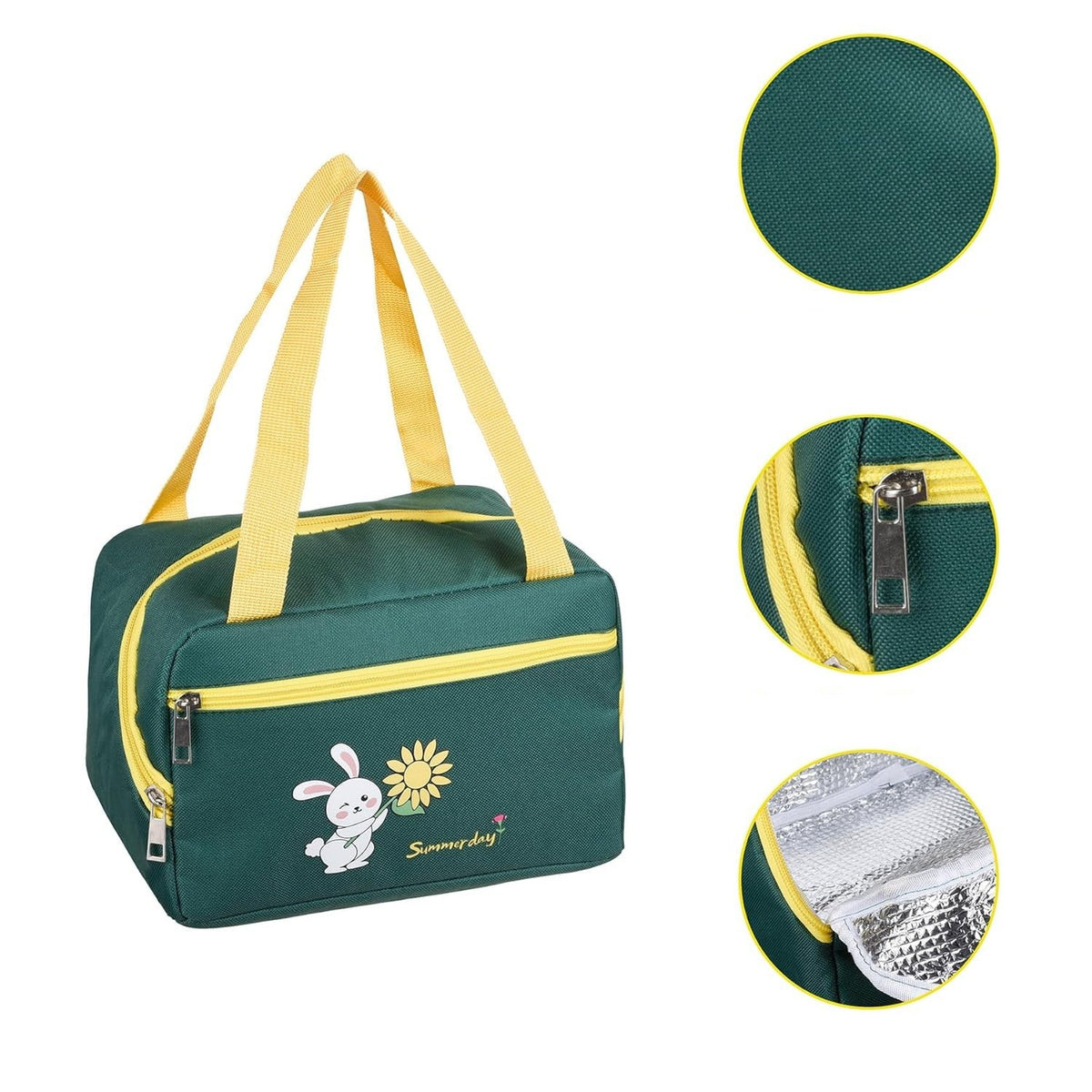 Geanta Termoizolanta Pentru Pranz, Compartiment Telefon Si Tacamuri, Impermeabila, Panza Oxford, 6.4 Litri, Design Iepuras, 30x21x20 cm, Verde