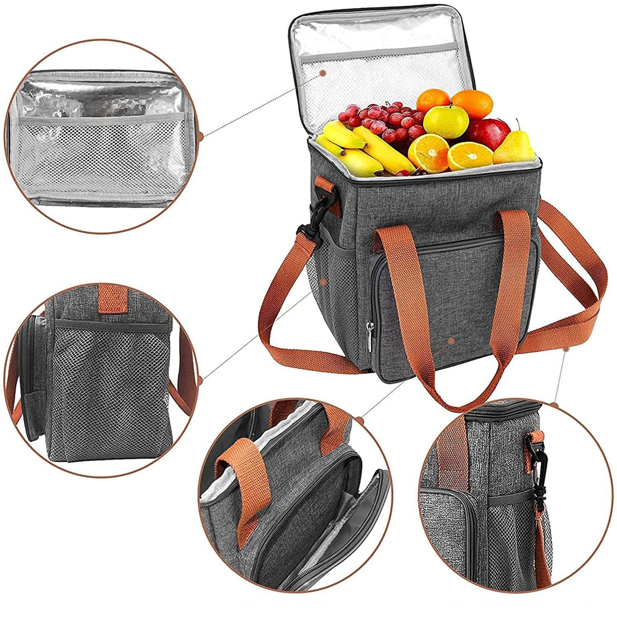 Geanta Termoizolanta pentru Pranz si Picnic, Impermeabila cu Bretea de Umar si Buzunare Exterioare, Panza Oxford si PEVA, 25x22x15 cm, Gri