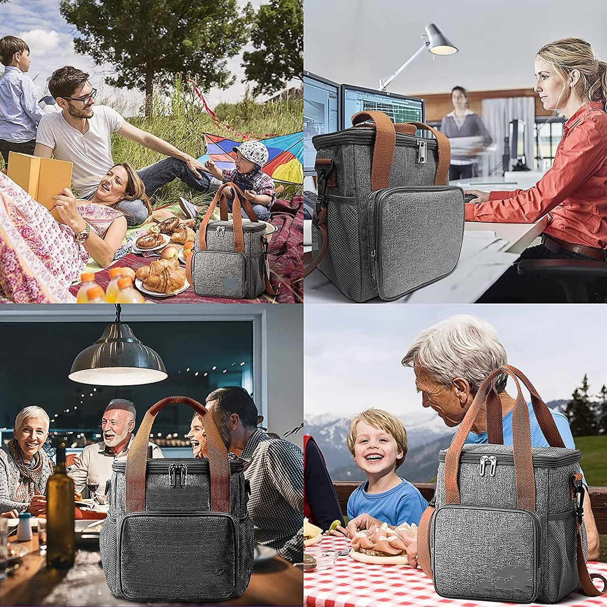 Geanta Termoizolanta pentru Pranz si Picnic, Impermeabila cu Bretea de Umar si Buzunare Exterioare, Panza Oxford si PEVA, 25x22x15 cm, Gri
