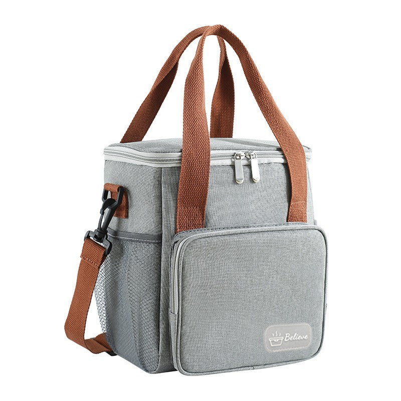 Geanta Termoizolanta pentru Pranz si Picnic, Impermeabila cu Bretea de Umar si Buzunare Exterioare, Panza Oxford si PEVA, 25x22x15 cm, Gri