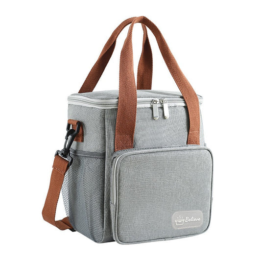 Geanta Termoizolanta pentru Pranz si Picnic, Impermeabila cu Bretea de Umar si Buzunare Exterioare, Panza Oxford si PEVA, 25x22x15 cm, Gri