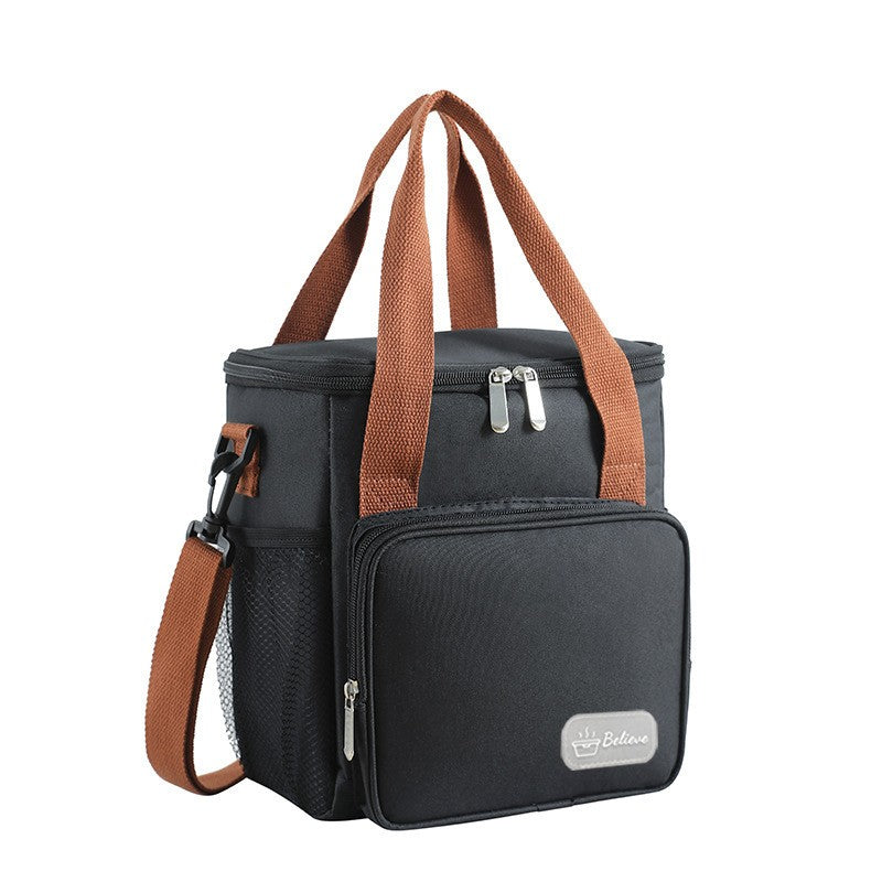 Geanta Termoizolanta pentru Pranz, Geanta Frigorifica Impermeabila cu Bretea Umar si Buzunar Lateral, Panza Oxford si PEVA, 25x22x15 cm, Negru