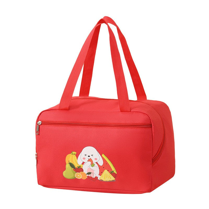 Geanta Termoizolanta pentru Pranz, Compartimente Telefon si Tacamuri, Impermeabila, Panza Oxford, 6.4 Litri, Design Iepuras, 30x21x20 cm, Rosu
