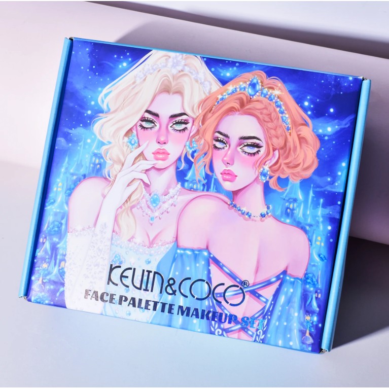 Kevin & Coco Set Machiaj Snow Queen, Trusa Cosmetice cu 18 Farduri Pleoape, 5 Rujuri Lichide, 3 Iluminatoare, 2 Blush, 2 Glitter, 30 Culori, Multicolor, 24.5x21.2x8.7 cm