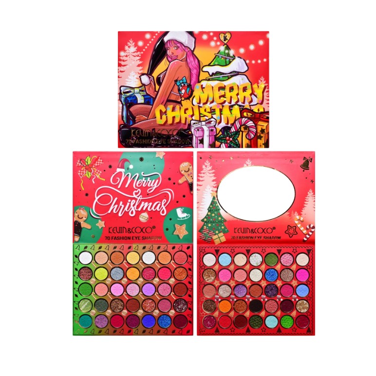 Kevin&Coco, Paleta Machiaj cu 70 Culori Pigmentate, Set Farduri Ochi, Design Merry Christmas cu Oglinda Ovala, Multicolor, 22.3x17.2x1.9 cm