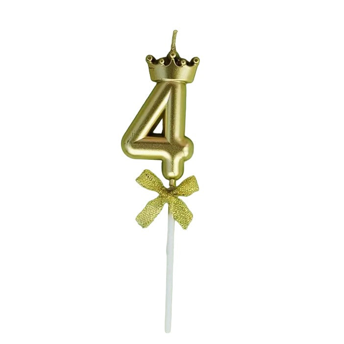 Lumânare pentru Tort Cifră 4, Model Coroană cu Finisaj Strălucitor, Decor Aniversar, Parafină, 4.8 cm, Auriu