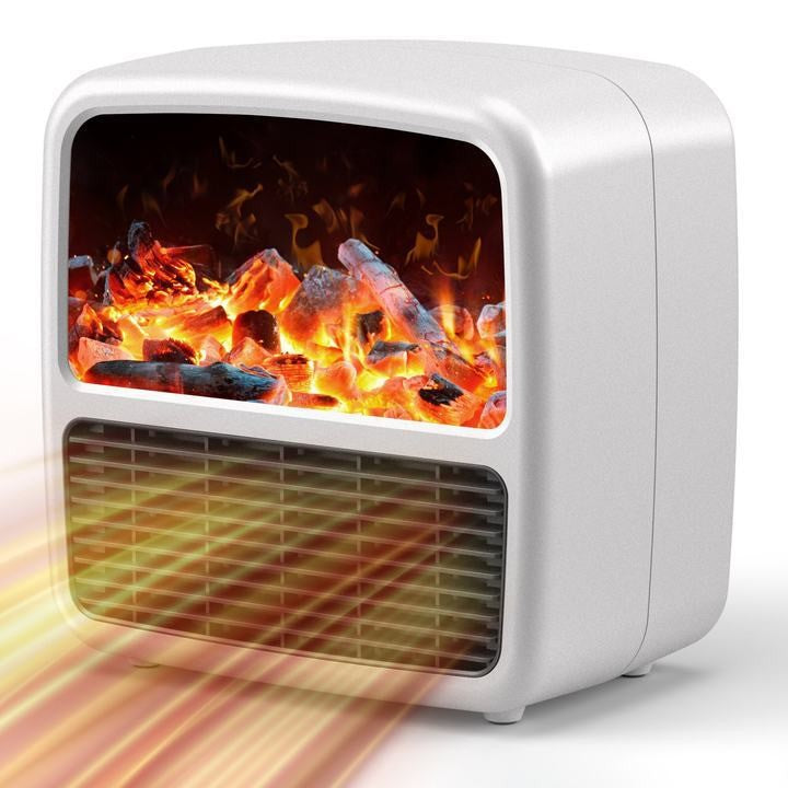 Aeroterma Portabila Mini, Incalzitor Ceramic PTC cu Efect de Semineu si Flacara, Display LCD, 1500W, 2 Trepte de Putere, Oprire Automata, ABS Ignifug, 22 x 22 x 15 cm, Alb