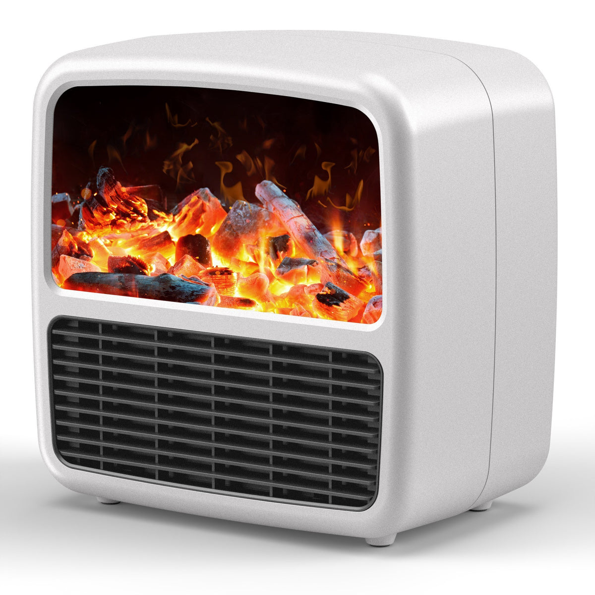 Aeroterma Portabila Mini, Incalzitor Ceramic PTC cu Efect de Semineu si Flacara, Display LCD, 1500W, 2 Trepte de Putere, Oprire Automata, ABS Ignifug, 22 x 22 x 15 cm, Alb