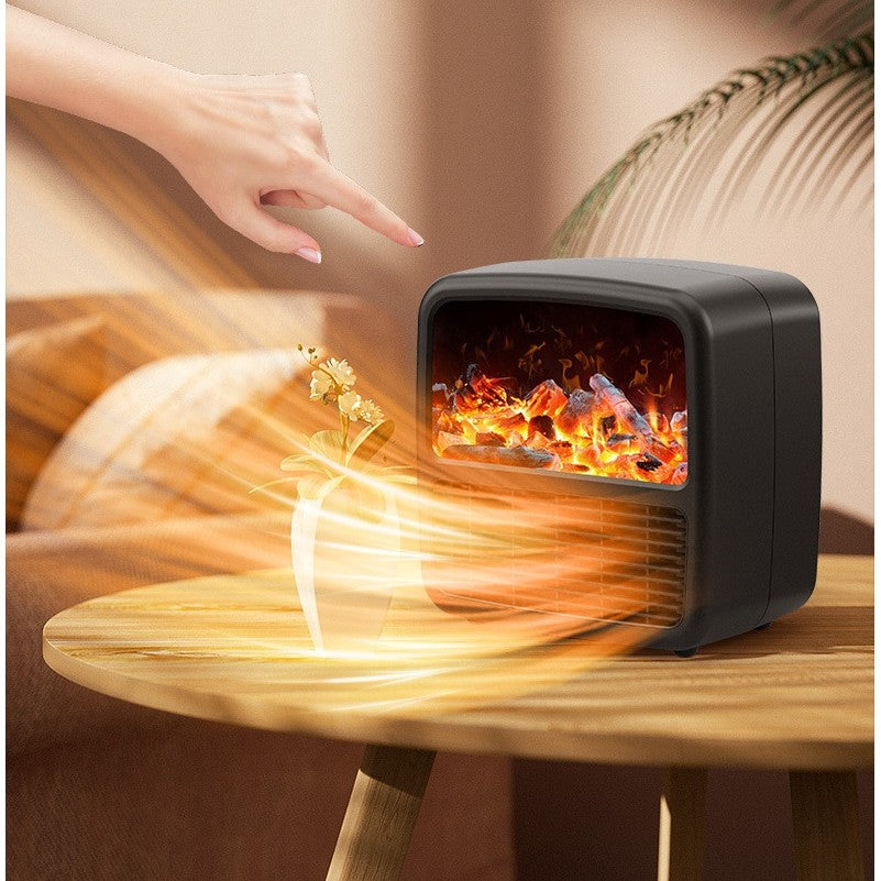 Mini Aeroterma Portabila, Incalzire Rapida PTC, Display LCD cu Efect Flacara Semineu, 1500W, 2 Trepte de Putere, Oprire Automata, Carcasa ABS Ignifug, 22 x 22 x 15 cm, Negru