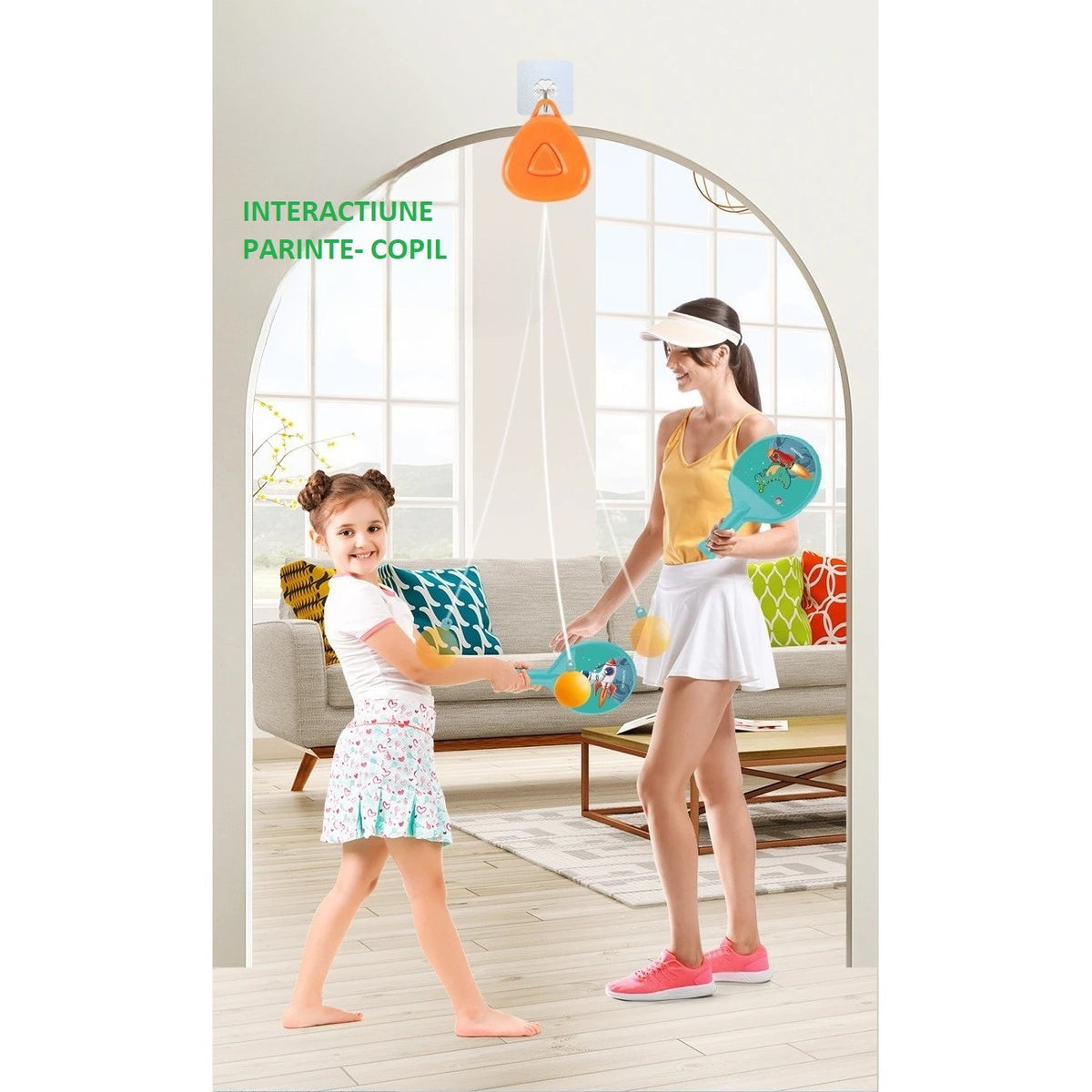 Set Tenis de Masa pentru Copii, Antrenor Suspendat cu Inaltime Reglabila, Design Animat Spatial, Plastic si ABS, include 2 Palete si 2 Mingi, Albastru