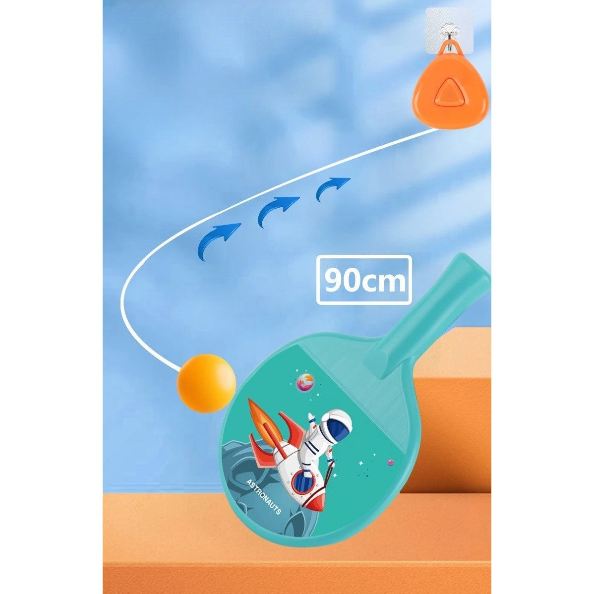 Set Tenis de Masa pentru Copii, Antrenor Suspendat cu Inaltime Reglabila, Design Animat Spatial, Plastic si ABS, include 2 Palete si 2 Mingi, Albastru