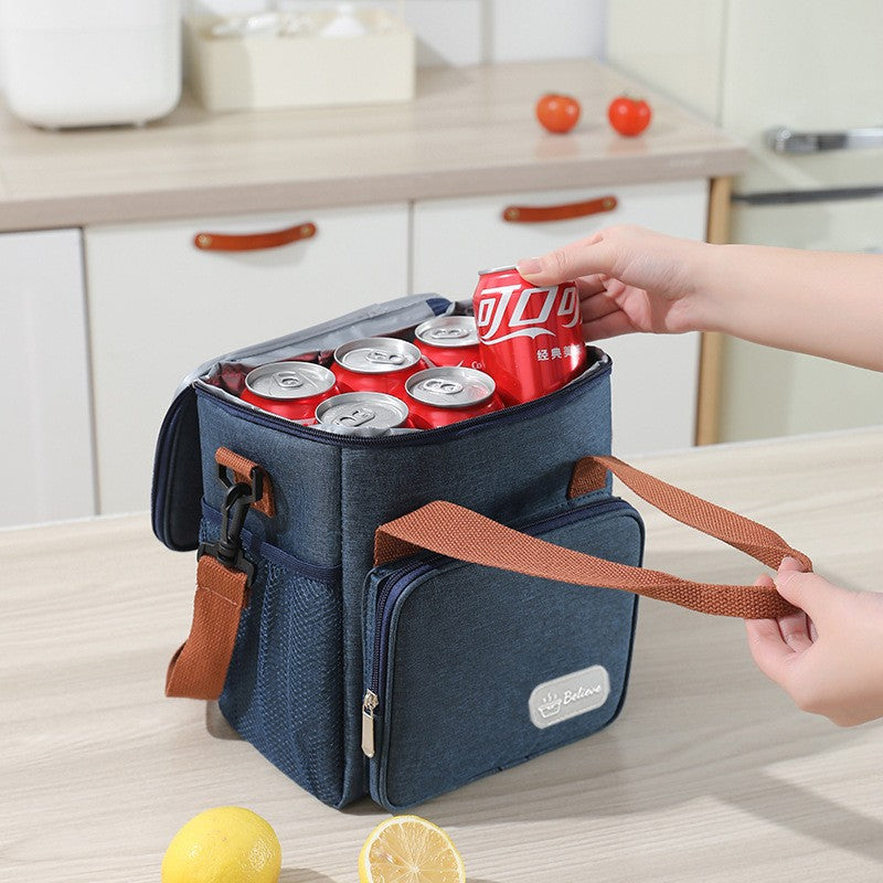 Geanta Termoizolanta pentru Pranz si Picnic, Compartiment Principal cu Interior PEVA Impermeabil, Panza Oxford cu Bretea de Umar si Buzunare Exterioare, 25x22x15 cm, Albastru