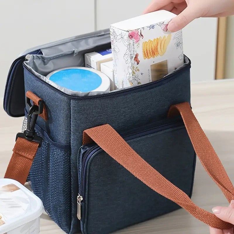 Geanta Termoizolanta pentru Pranz si Picnic, Compartiment Principal cu Interior PEVA Impermeabil, Panza Oxford cu Bretea de Umar si Buzunare Exterioare, 25x22x15 cm, Albastru