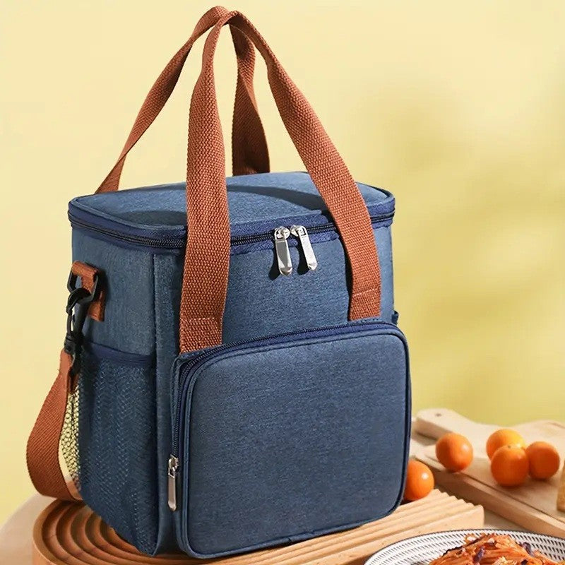 Geanta Termoizolanta pentru Pranz si Picnic, Compartiment Principal cu Interior PEVA Impermeabil, Panza Oxford cu Bretea de Umar si Buzunare Exterioare, 25x22x15 cm, Albastru
