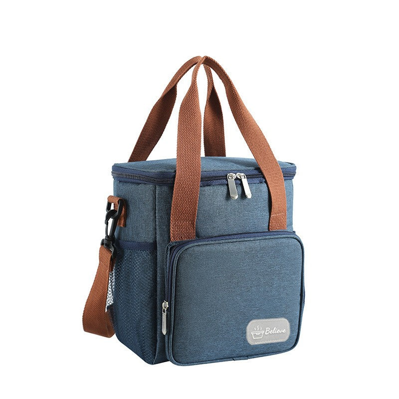 Geanta Termoizolanta pentru Pranz si Picnic, Compartiment Principal cu Interior PEVA Impermeabil, Panza Oxford cu Bretea de Umar si Buzunare Exterioare, 25x22x15 cm, Albastru