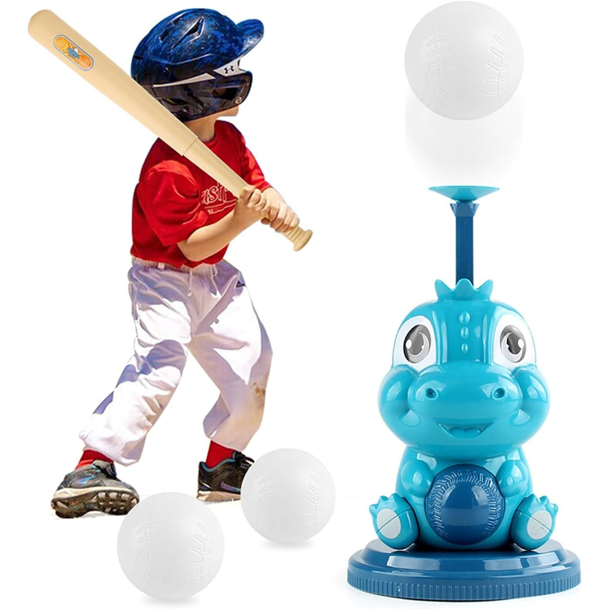 Set Baseball pentru Copii cu Lansator Dinozaur, Bata Telescopica de 57 cm, 3 Mingi Incluse, Plastic Rezistent, 5 Piese, Verde/Albastru