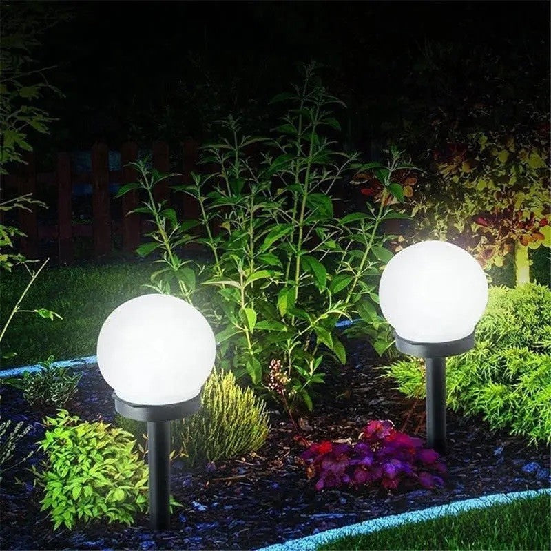 Set 2 Lampi Solare LED de Gradina, Tip Glob Sferic, Iluminat Exterior Automat, Rezistente la Intemperii, Lumina Alb Rece, Diametru 10 cm, 2 Bucati