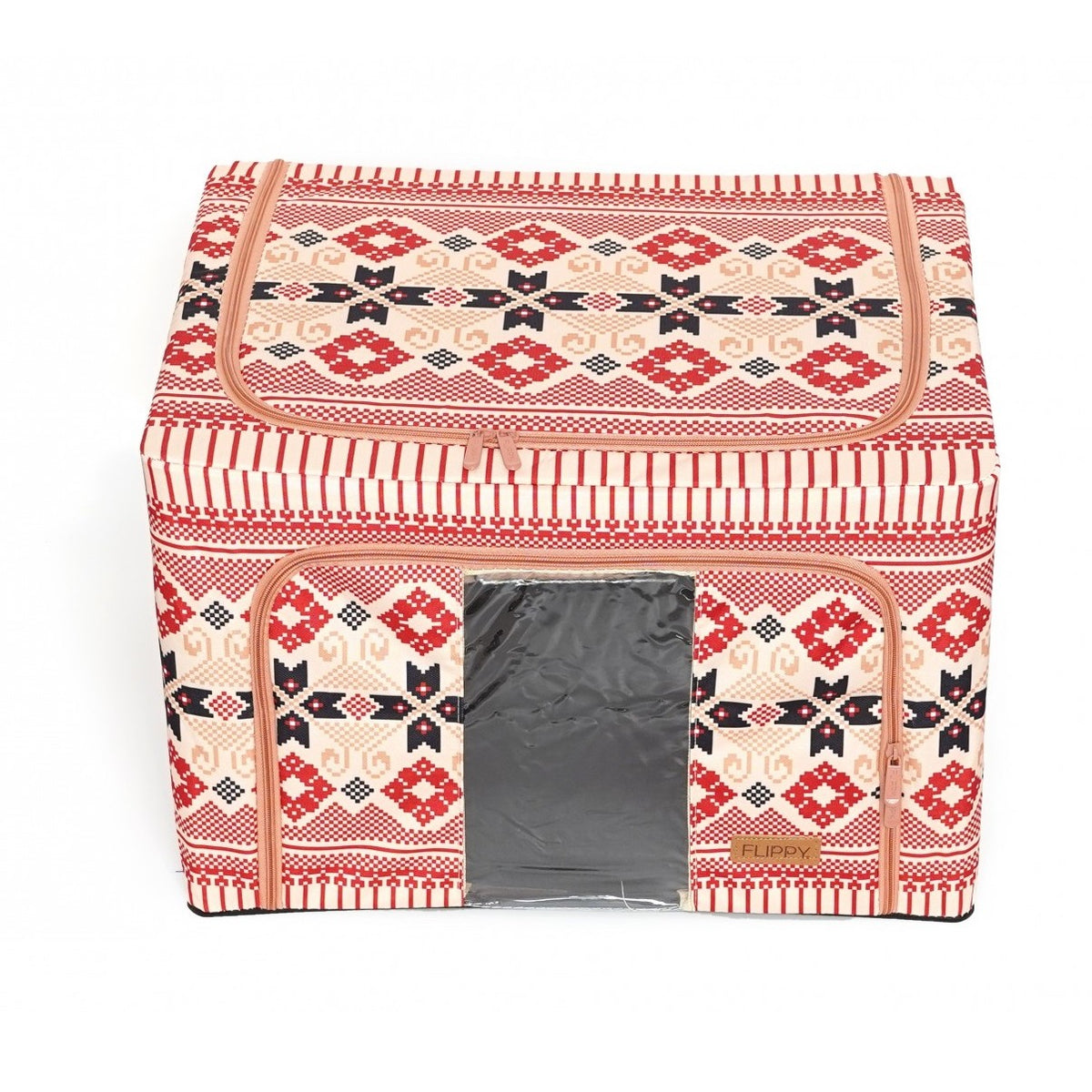 Cutie de Depozitare Pliabila pentru Haine si Lenjerie, Organizator cu Cadru Metalic si Fereastra, 2 Usi cu Fermoar, Bumbac si In, 100 L, 60x42x40 cm, Model Traditional 1