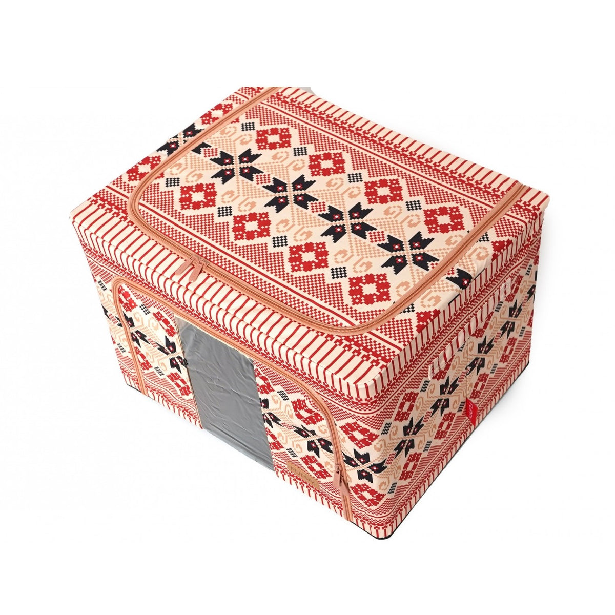 Cutie de Depozitare Pliabila pentru Haine si Lenjerie, Organizator cu Cadru Metalic si Fereastra, 2 Usi cu Fermoar, Bumbac si In, 100 L, 60x42x40 cm, Model Traditional 1