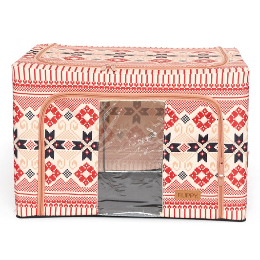 Cutie de Depozitare Pliabila pentru Haine si Lenjerie, Organizator cu Cadru Metalic si Fereastra, 2 Usi cu Fermoar, Bumbac si In, 100 L, 60x42x40 cm, Model Traditional 1