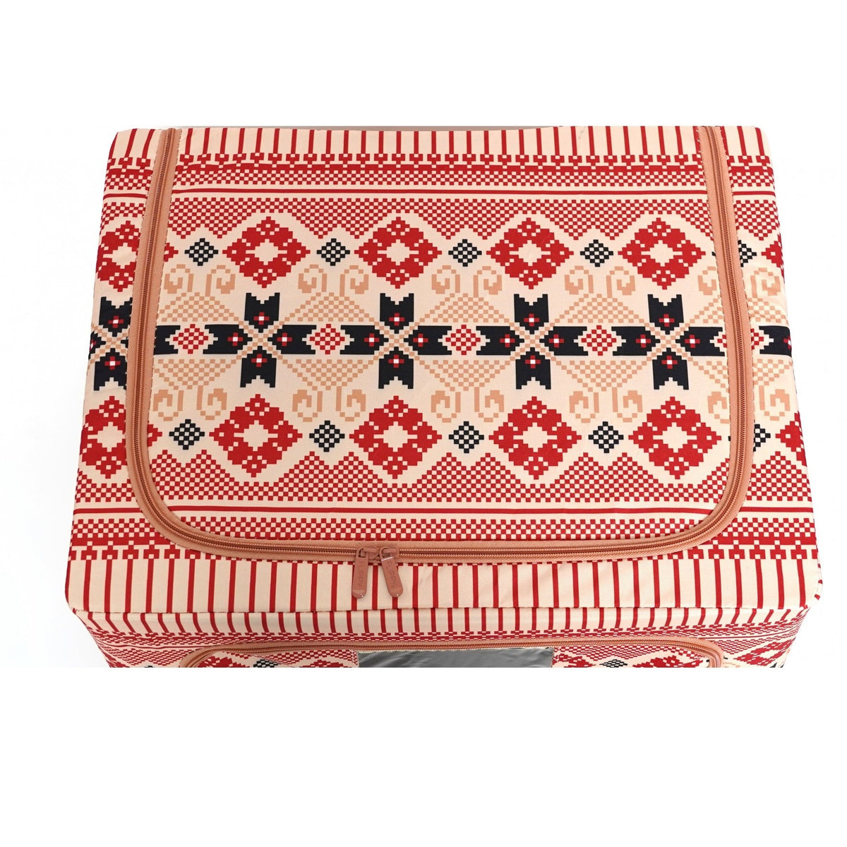 Cutie de Depozitare Pliabila pentru Haine si Lenjerie, Organizator cu Cadru Metalic si Fereastra, 2 Usi cu Fermoar, Bumbac si In, 100 L, 60x42x40 cm, Model Traditional 1