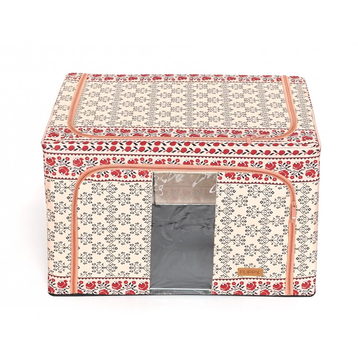 Cutie Depozitare Pliabila 100 L cu Cadru Metalic, Organizator Haine si Lenjerie, 2 Usi cu Fermoar si Fereastra, Bumbac si In, 60x42x40 cm, Model Traditional 3