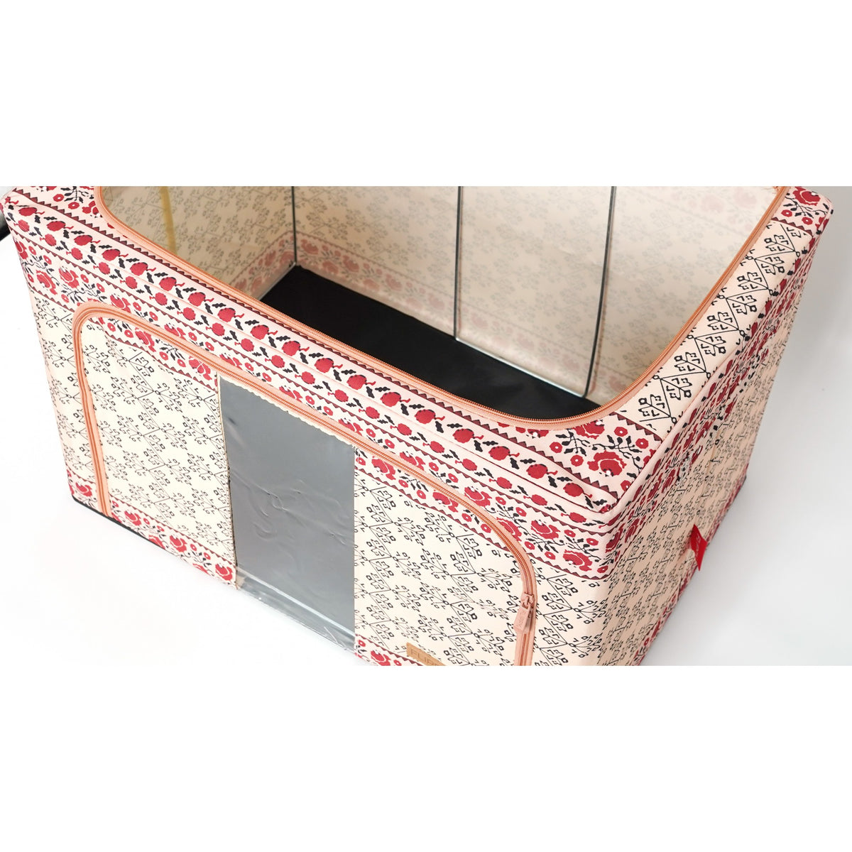 Cutie Depozitare Pliabila 100 L cu Cadru Metalic, Organizator Haine si Lenjerie, 2 Usi cu Fermoar si Fereastra, Bumbac si In, 60x42x40 cm, Model Traditional 3