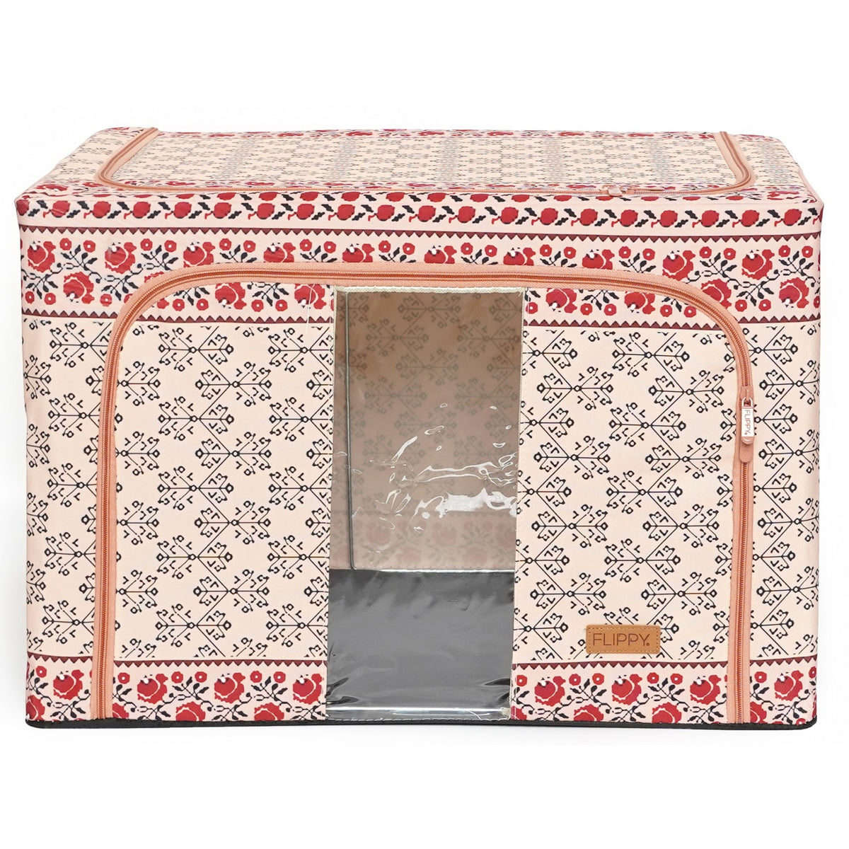 Cutie Depozitare Pliabila 100 L cu Cadru Metalic, Organizator Haine si Lenjerie, 2 Usi cu Fermoar si Fereastra, Bumbac si In, 60x42x40 cm, Model Traditional 3
