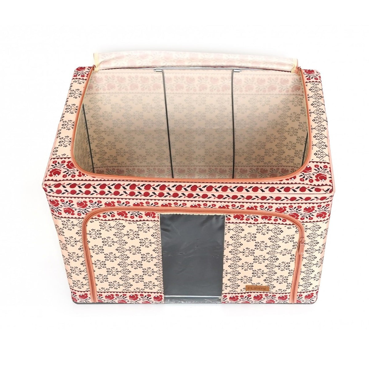 Cutie Depozitare Pliabila 100 L cu Cadru Metalic, Organizator Haine si Lenjerie, 2 Usi cu Fermoar si Fereastra, Bumbac si In, 60x42x40 cm, Model Traditional 3