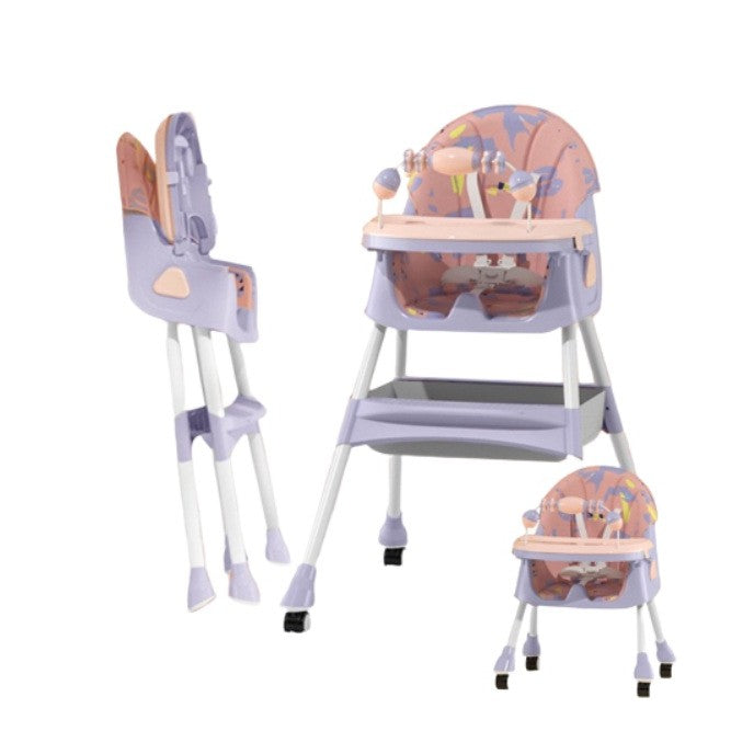 Scaun de Masa 2in1 pentru Copii si Bebelusi, Inaltime Reglabila, Centura 5 Puncte, Tavita Dubla, Roti cu Frana si Jucarie, Piele PU si Otel, 6 Luni - 5 Ani, Roz/Mov