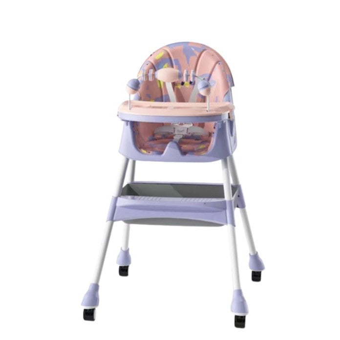 Scaun de Masa 2in1 pentru Copii si Bebelusi, Inaltime Reglabila, Centura 5 Puncte, Tavita Dubla, Roti cu Frana si Jucarie, Piele PU si Otel, 6 Luni - 5 Ani, Roz/Mov