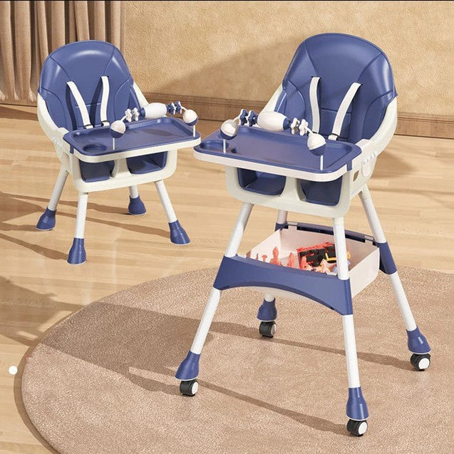 Scaun de Masa 2in1 pentru Copii si Bebelusi, Inaltime Reglabila, Centura in 5 Puncte, Tavita Dubla, Roti cu Frana, Otel si Piele PU, 6 Luni - 5 Ani, 94 x 78 x 60 cm, Albastru/Alb