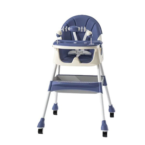 Scaun de Masa 2in1 pentru Copii si Bebelusi, Inaltime Reglabila, Centura in 5 Puncte, Tavita Dubla, Roti cu Frana, Otel si Piele PU, 6 Luni - 5 Ani, 94 x 78 x 60 cm, Albastru/Alb