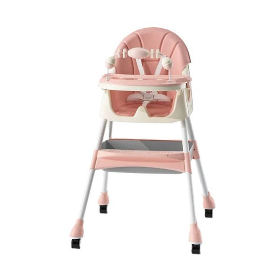 Scaun de Masa 2in1 pentru Copii si Bebelusi, Inaltime Reglabila, Centura 5 Puncte, Tava Dubla, Roti cu Frana, Material Otel si Piele PU, 6 Luni - 5 Ani, 94 x 78 x 60 cm, Roz